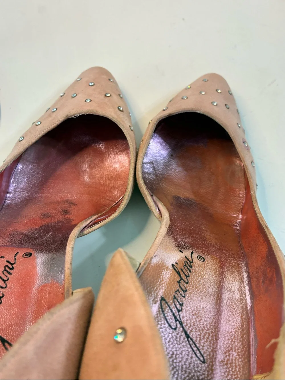 Garolini 10M Women’s Suede Pointed Toe Slip-On Rhinestone Pink Pumps Italy READ